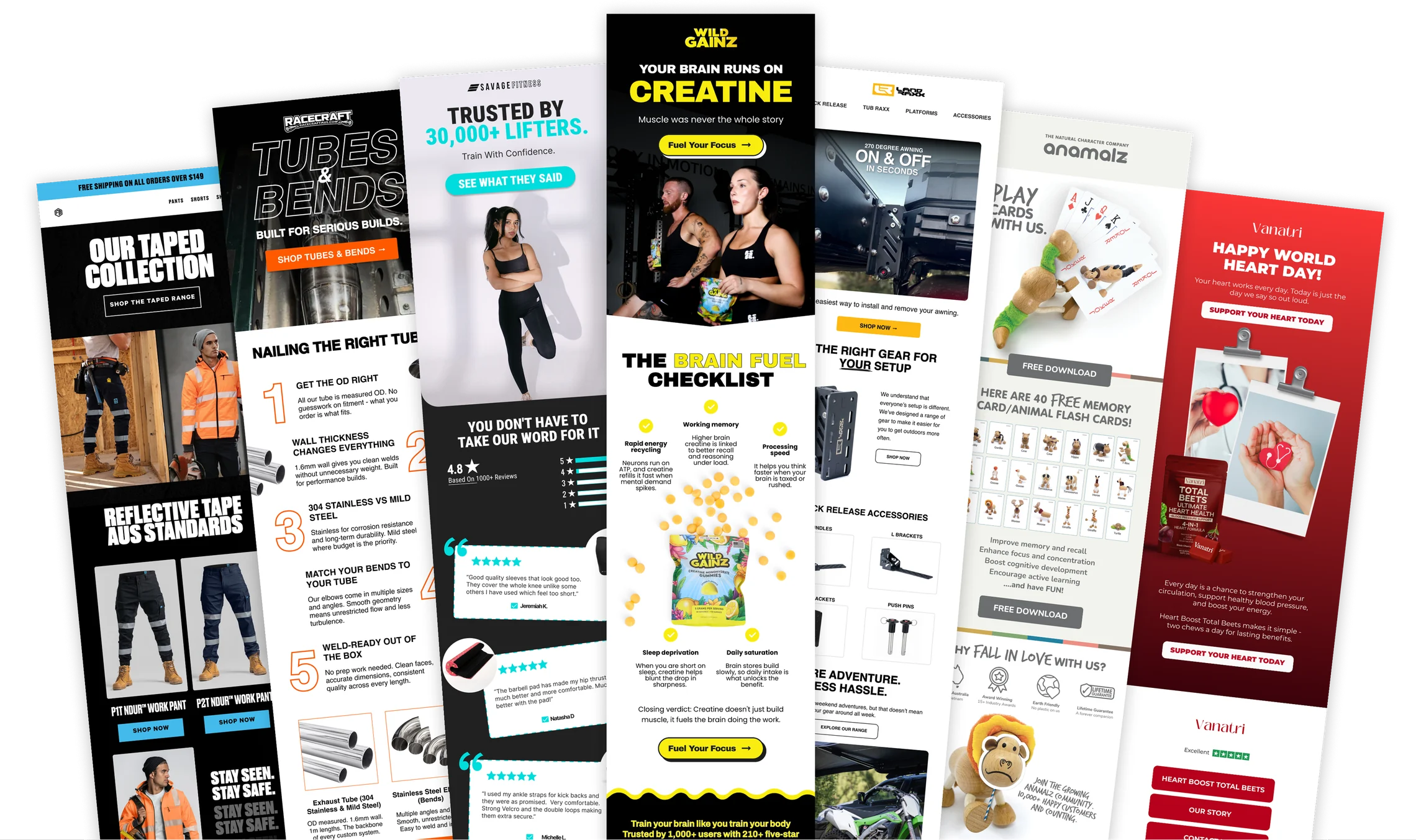 A spread of Klaviyo campaign emails built by Autopace for client brands including Wild Gainz, Savage Fitness, Racecraft, LandRaxx, anamalz and Vanatri